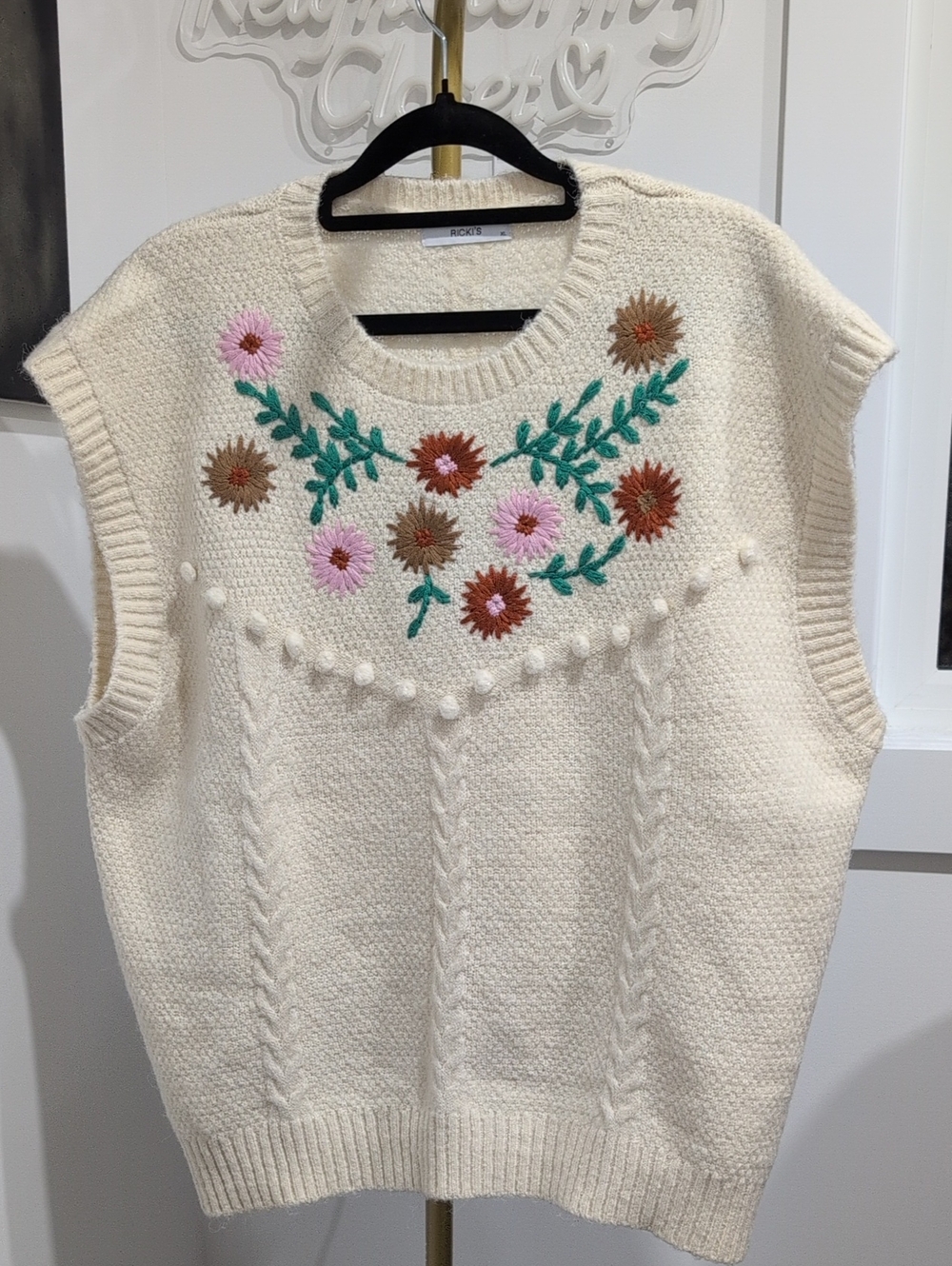 Ricki's Cream Floral Embroidered Knit Sweater Vest